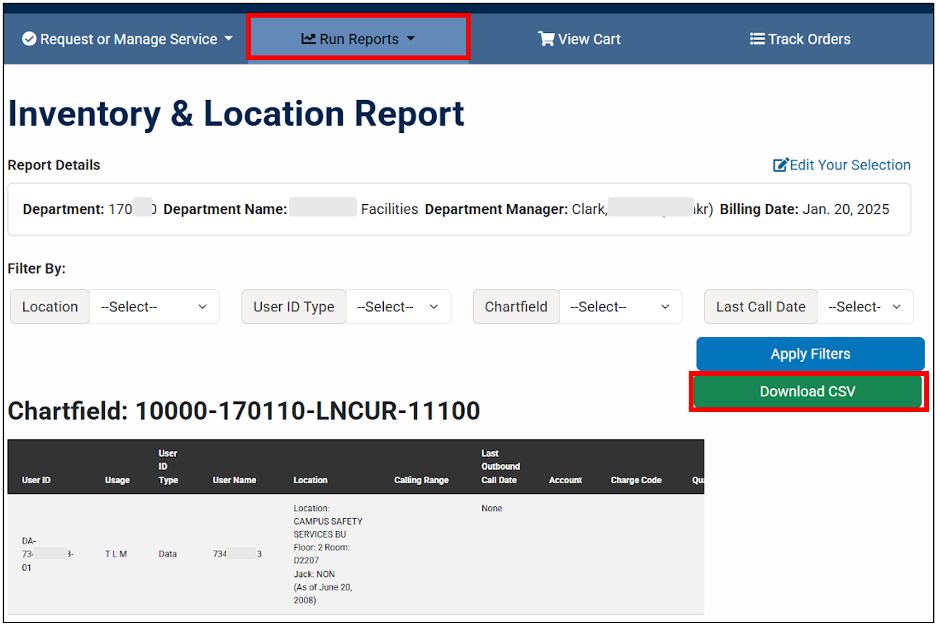 screenshot showing the generated inventory and location report